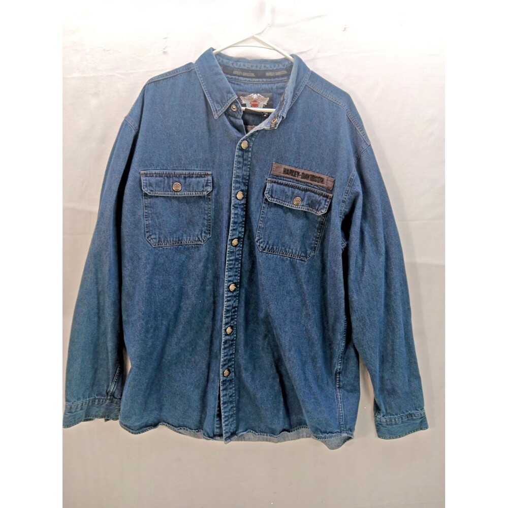 Harley-Davidson Biker Blues Denim Shirt Men’s XL Tall Embroidered Button-Up